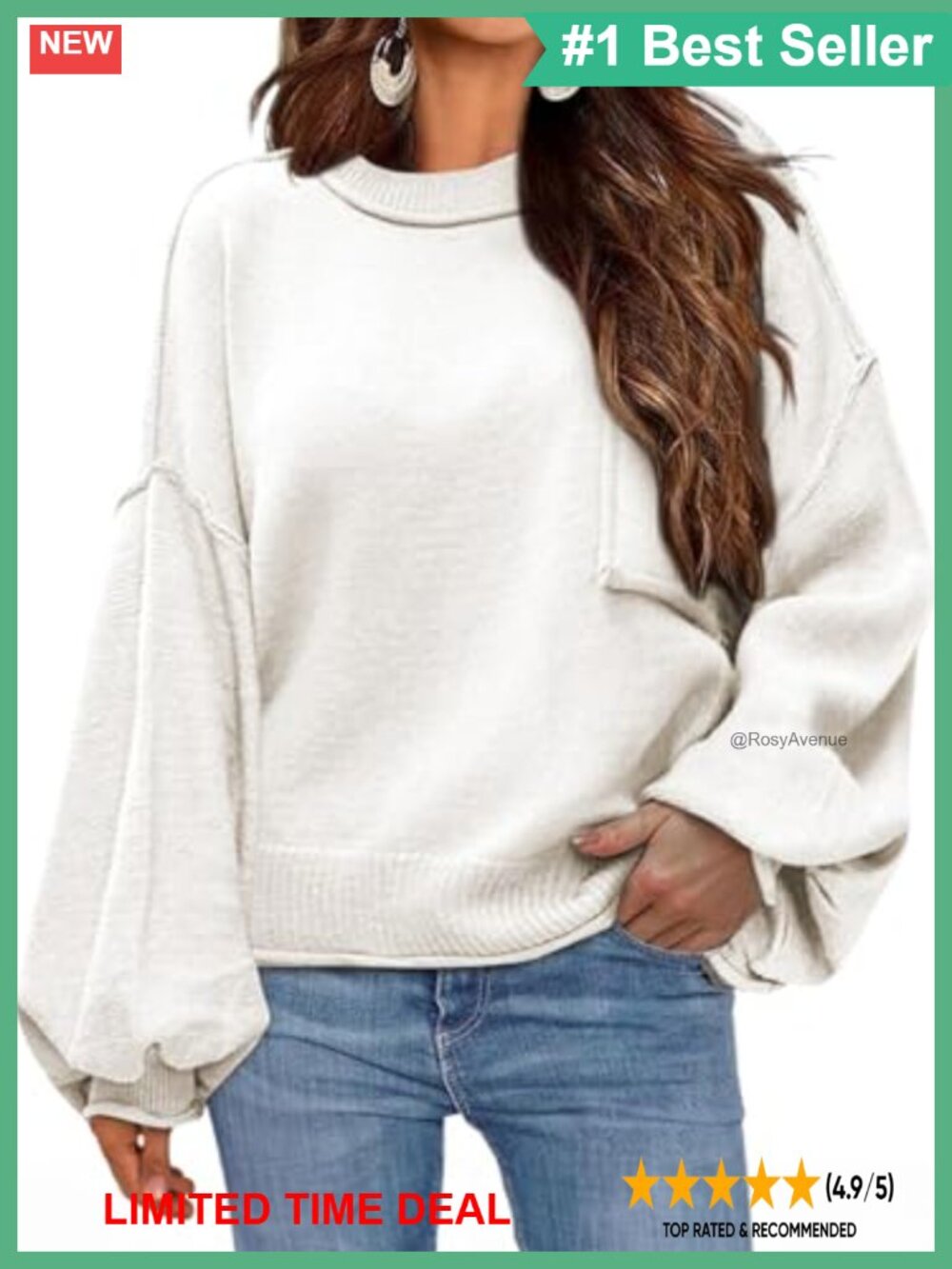 Ribbed Knit Lantern Sleeve Pullover Sweater Relaxed Fit Women's